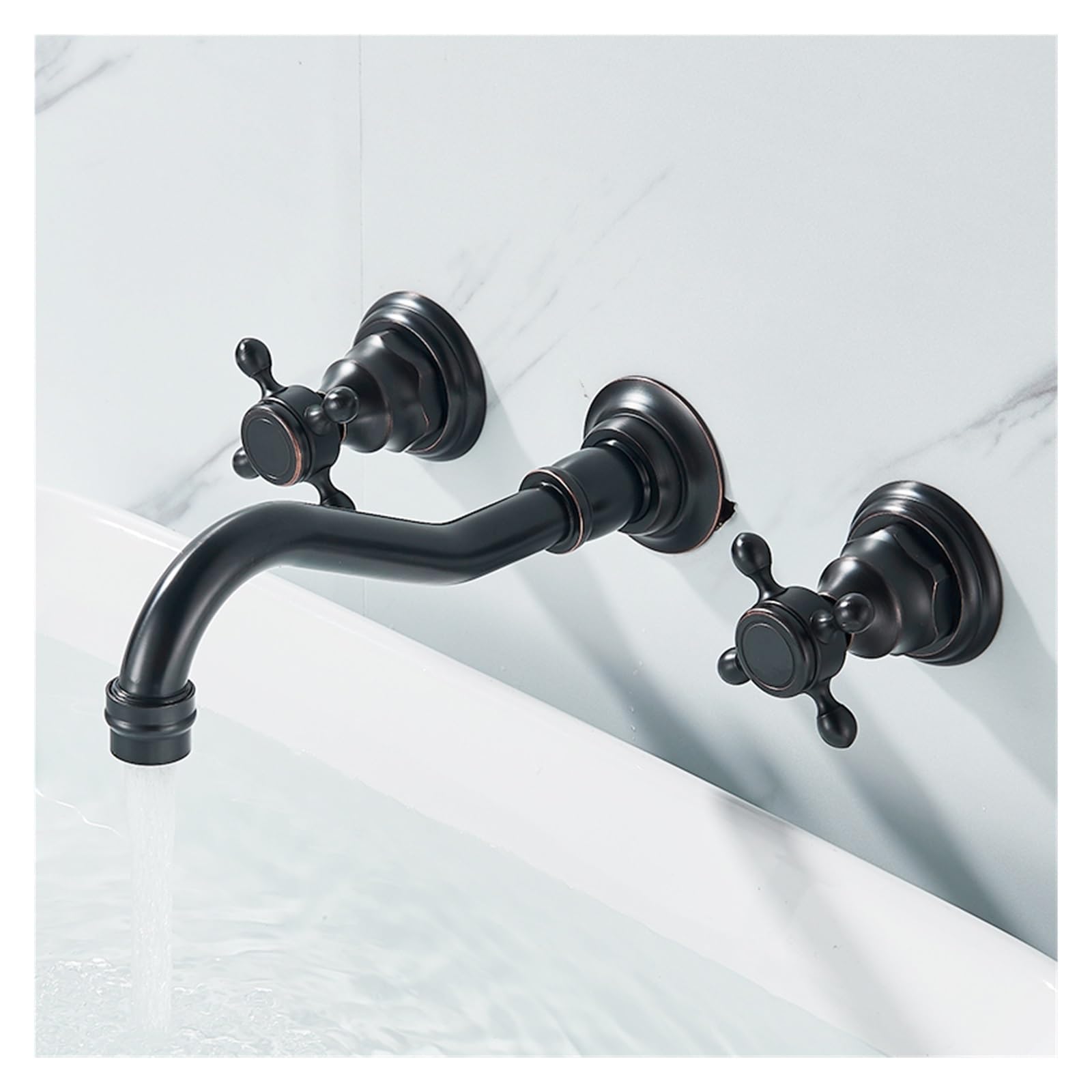 Grifo de lavabo retro para baños rústicos con doble mando de pared en bronce oscuro