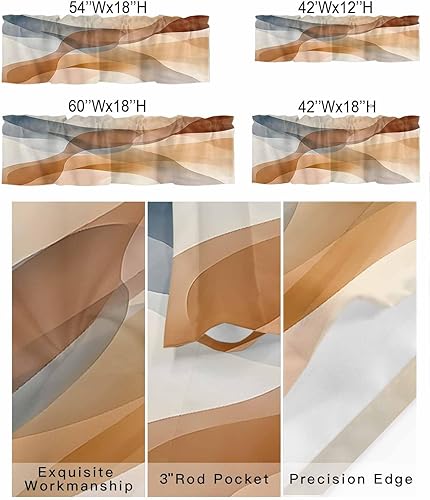 Miniatura 2 de Chucoco Valance for Kitchen Windows, Retro Ombre Blue Brown Waves Rod Pocket Valances Short Curtains, Abstract Water Ripple Seamless Curtain Valance
