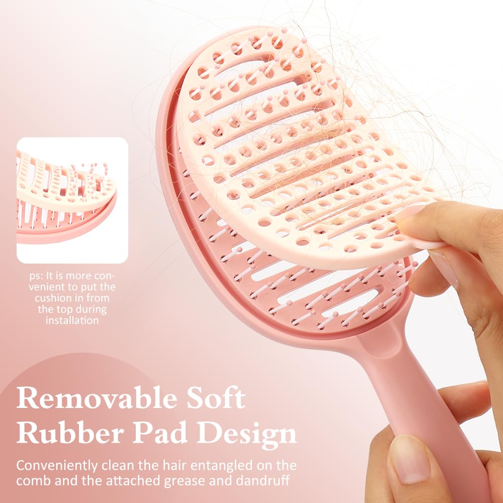 No-Tangle Hair Brush Set - Anti-Knot & Scalp Massage, Flower Clip, Silk Scrunchie, & Flannel Storage Bag (Pink) - Image 3