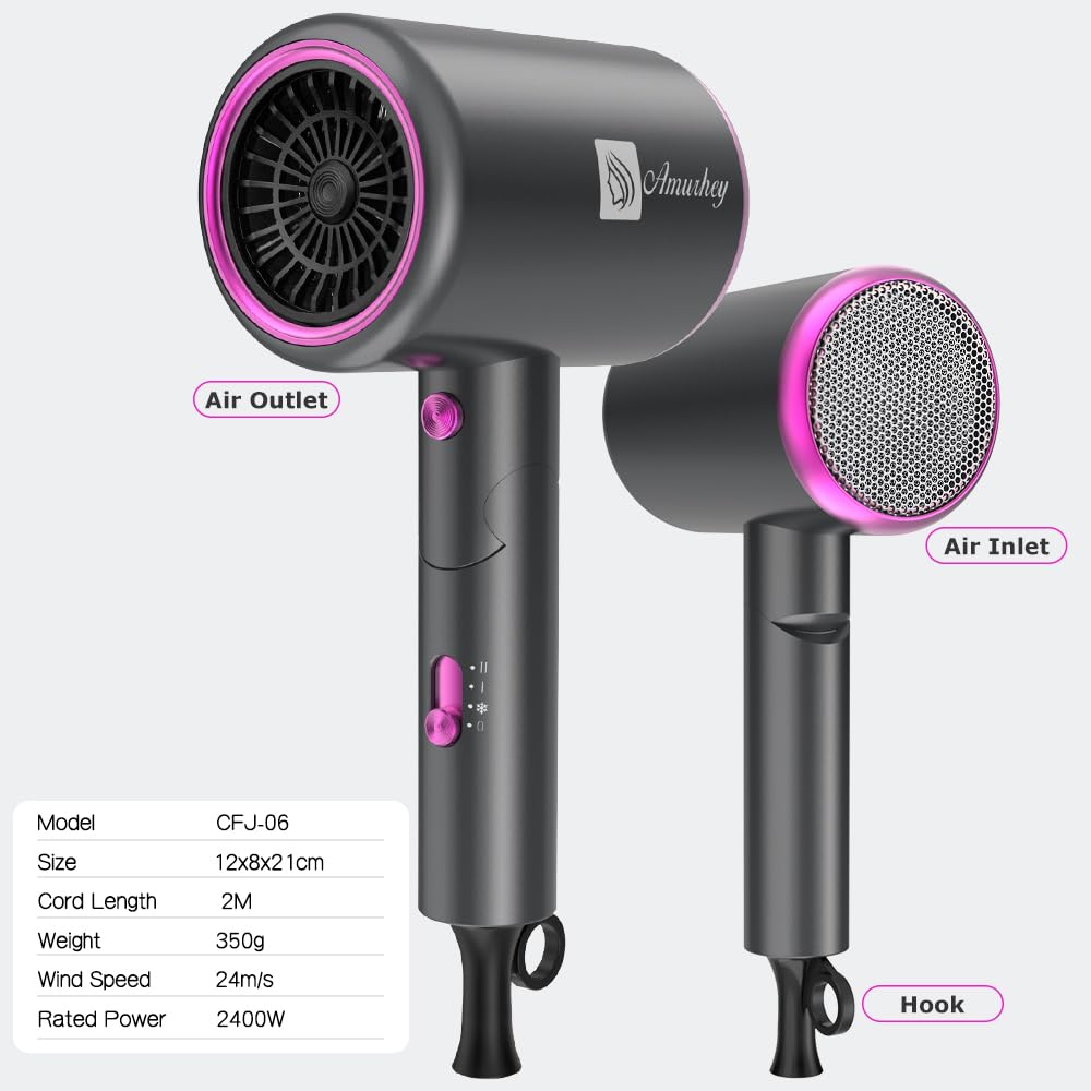 Secador de Pelo Iónico 2400W con Bolsa de Viaje, [Ligero, Alta Velocidad & Plegable] Set de peinado con concentrador/difusor/peine de volumen, Secadores de pelo Hair Dryer para uso Doméstico y Viaje