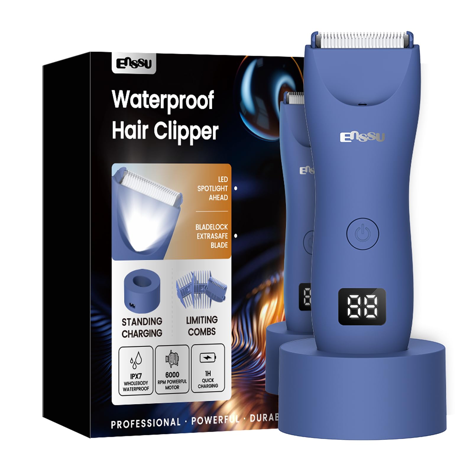 ENSSU Body Hair Trimmer for Men, Manscape Waterproof Pubic & Groin Hair Trimmer with Skin-Safe Ceramic Blade, Electric Ball Trimmer for Chest & Beard, LCD Display, Recharge Dock Blue