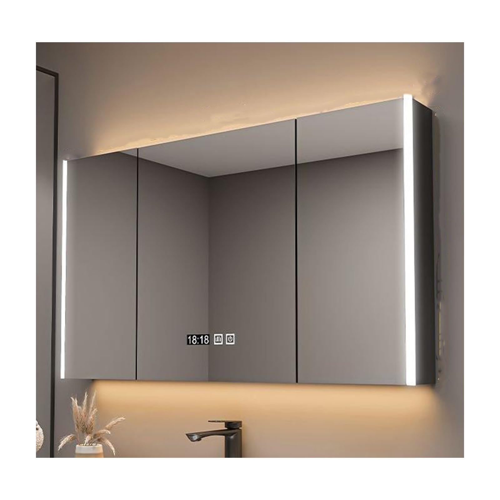 Mobiletto A Specchio,Mobile Bagno Con Specchio,Specchiera Bagno Con Contenitore,Luce Regolabile,Sbrinatore,Per Soggiorno, Lavanderia, Fango(Gray,120cm/47.2in)
