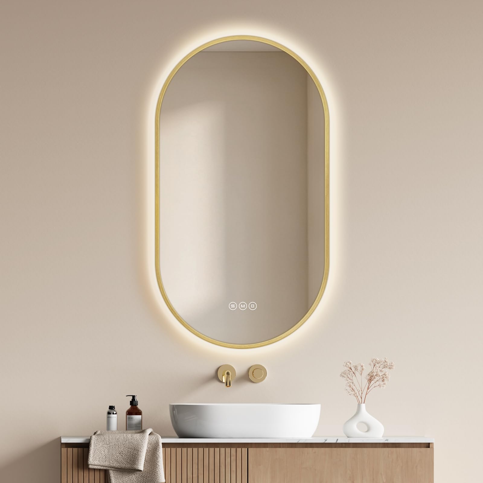 EMKE Oval Bathroom Mirror with Lights 50 x 90 cm, Gold Frame, Anti-Fog