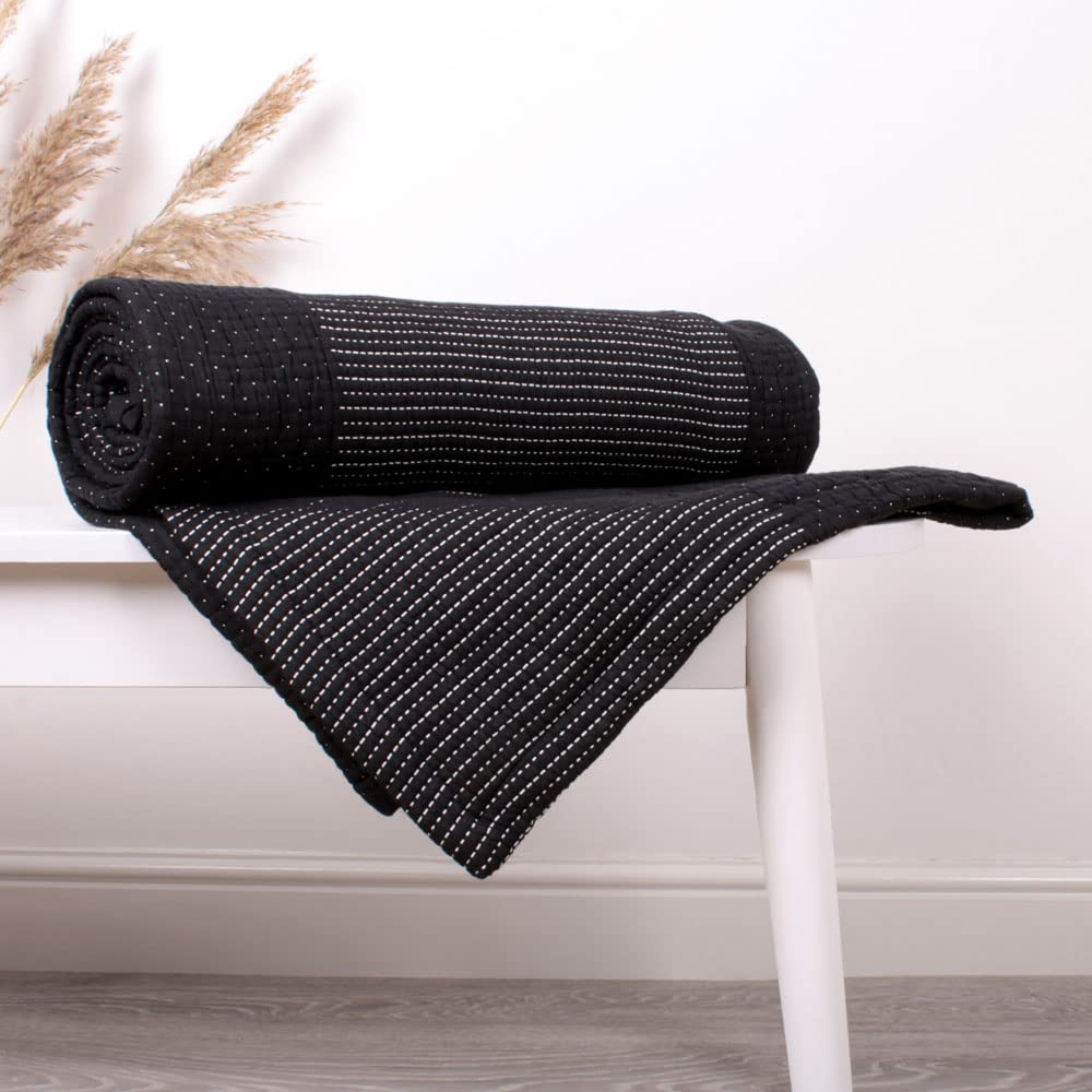 Appletree - Black Bedspread (150cm x 200cm) - 100% Cotton Soft Quilted Throw - Blanket