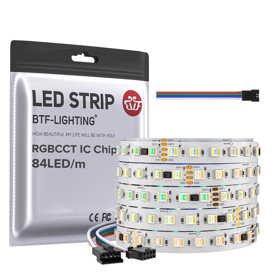 BTF-LIGHTING WS2805 RGBCCT IC LED Strip 5050SMD Addressable Dual Signal LED Tape 5M 84LEDs/M DC24V Flexible Chasing Dream Color White PCB IP30 for DIY Decoration(No Controller Power Supply)
