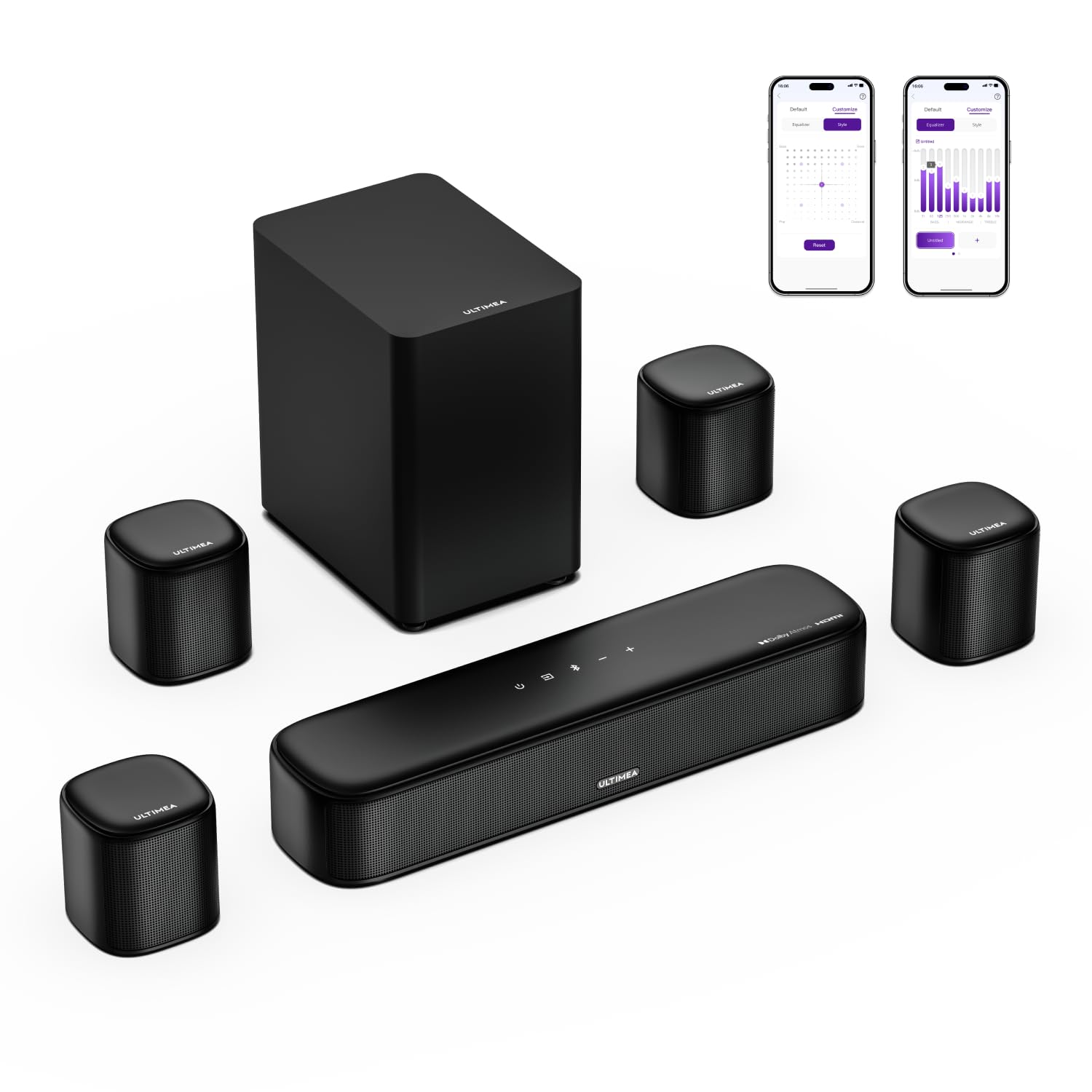 ULTIMEA Soundbar 7.1 Canali con Dolby Atmos, Sistema Audio Surround con 4 Altoparlanti Surround,APP, Home Theater, Soundbar TV con Subwoofer, HDMI eARC, Bluetooth 5.3, Aura A60