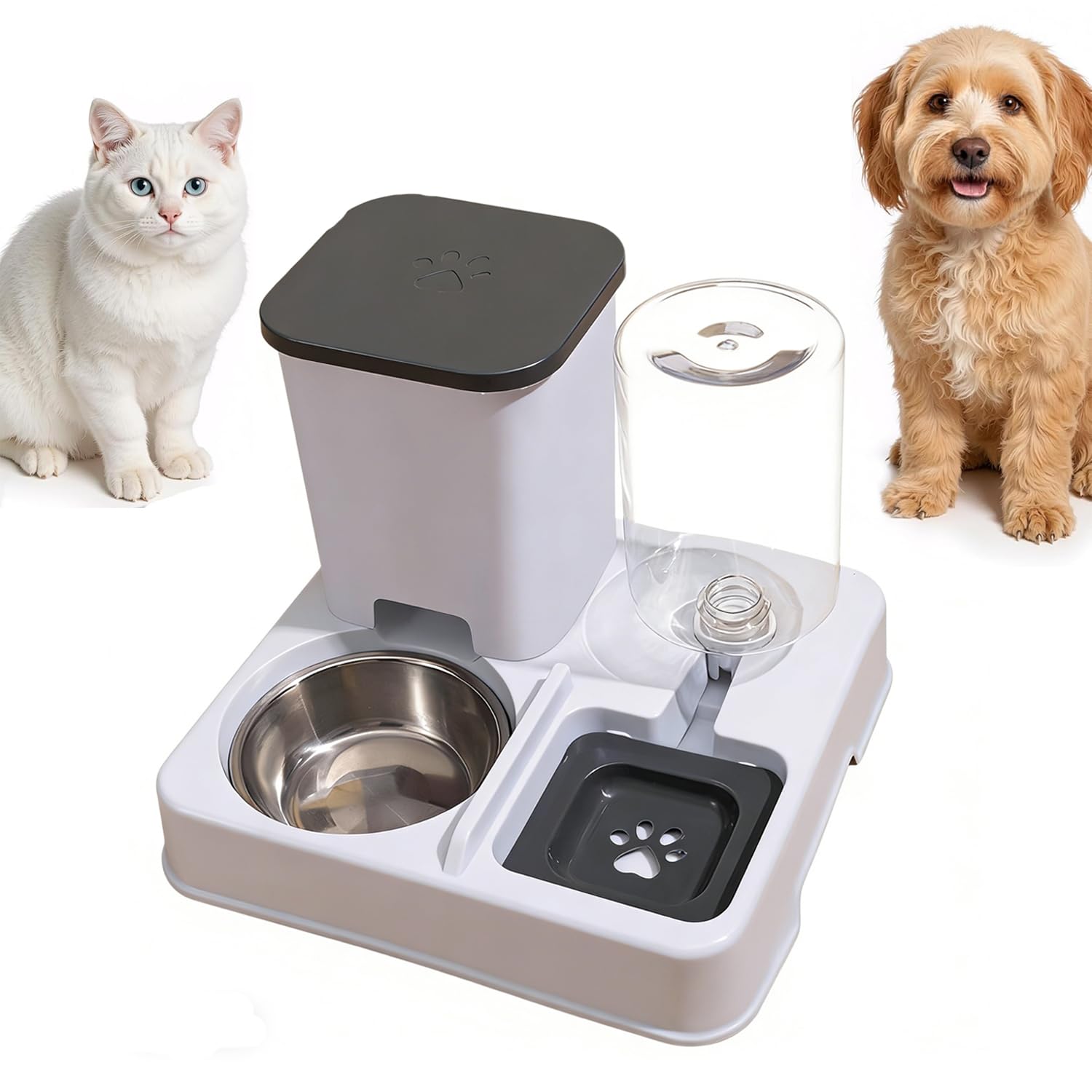 2-in-1 Automatischer Futter und Wasserspender für Haustiere, Abnehmbarer Futterstation, Katzenfutter Spender und Tränke mit Edelstahlschale, Futterspender für Katze und kleine Hunde (Grauweiß)