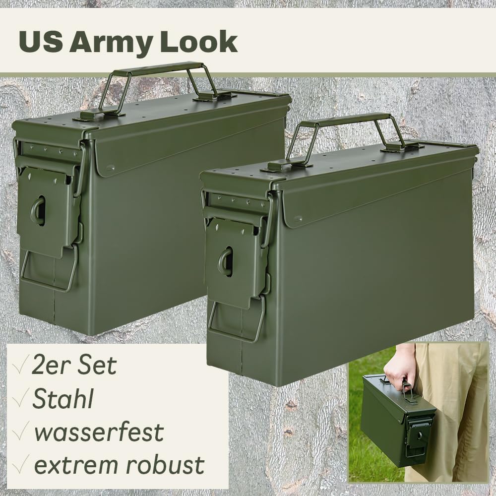 Trucky Ammo - Set di 2 scatole per munizioni, in metallo, con coperchio, 28 x 10 x 18 cm, colore: Verde militare
