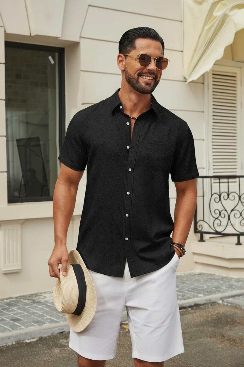 COOFANDY Mens Button Down Shirt Short Sleeve Casual Shirts Summer Beach Textured Shirts with Pocket - Image 2