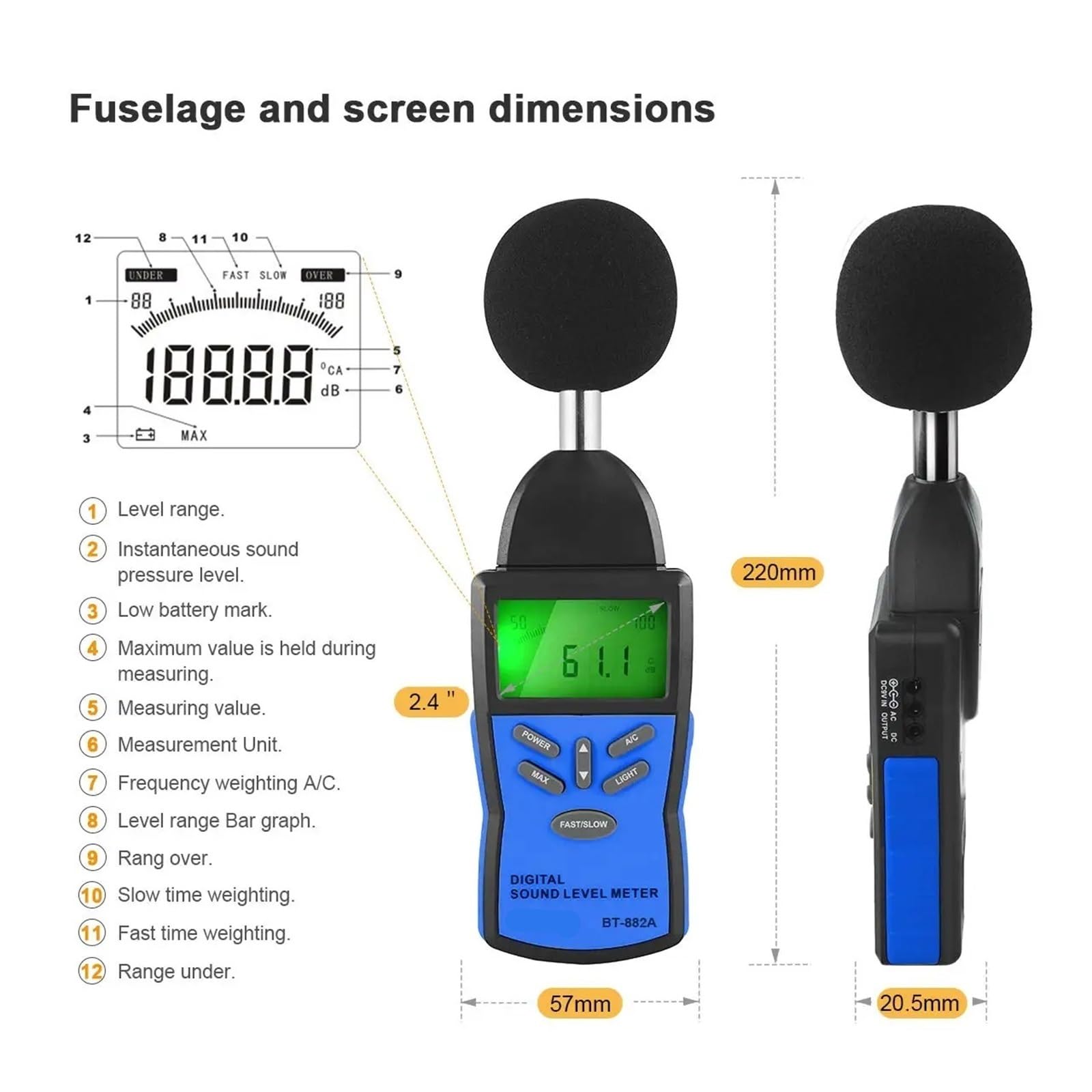 Sonómetro de precisión BT-882A, comprobador Digital de decibelios, para medición de Volumen de Ruido de 30 a 130 dB, con ponderación rápida/Lenta A/C
