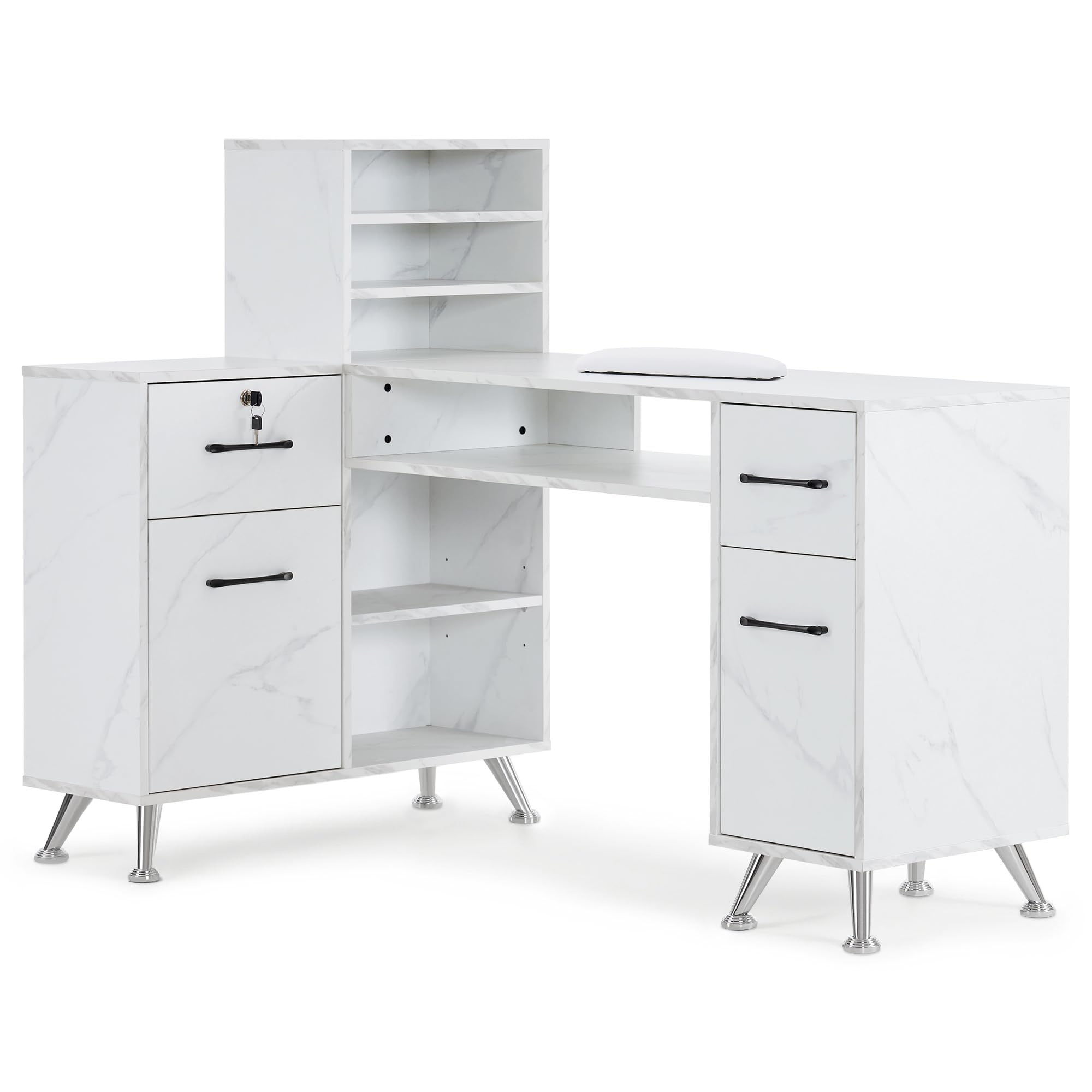 BarberPub L-Shaped Manicure Table with Drawers and Shelves for Storage, Salon Corner Nail Desk, Makeup Dressing Station 2866 (White)