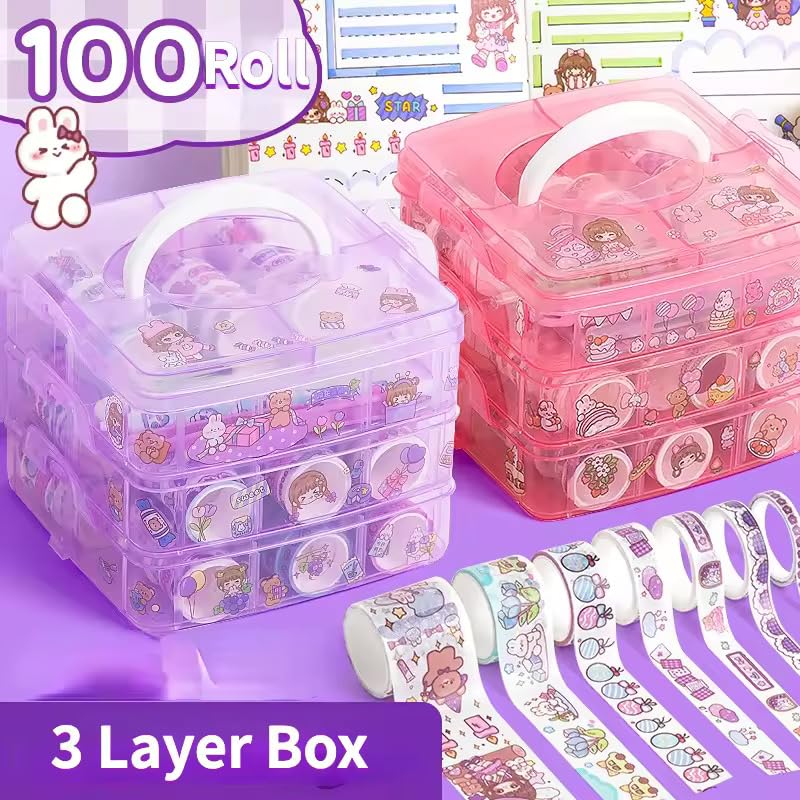 Image of Washi Tape Set - 100 Pcs Designer Decorative Masking Tapes with 20 Pcs Kawaii Stickers, Tweezer, Pen and Spatula in 3 Layer Box, Tapes for DIY Art & Crafts, Wrapping (Multicolor)