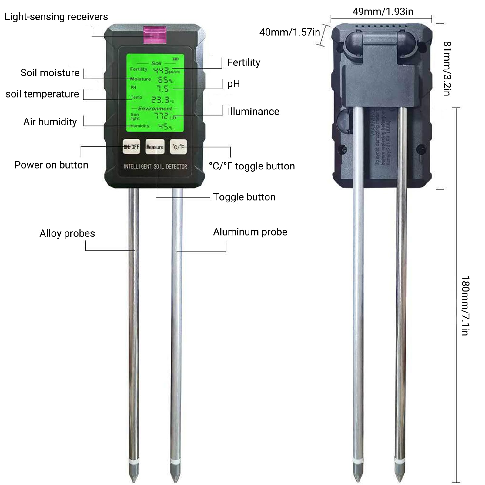 GAESHOW Misuratore PH Terreno 6 in 1, Misuratore del Suolo Digitale con Fertilità del Suolo, umidità, Temperatura, Luce Ambientale, umidità con Display LCD per Giardino, Prato e Piante