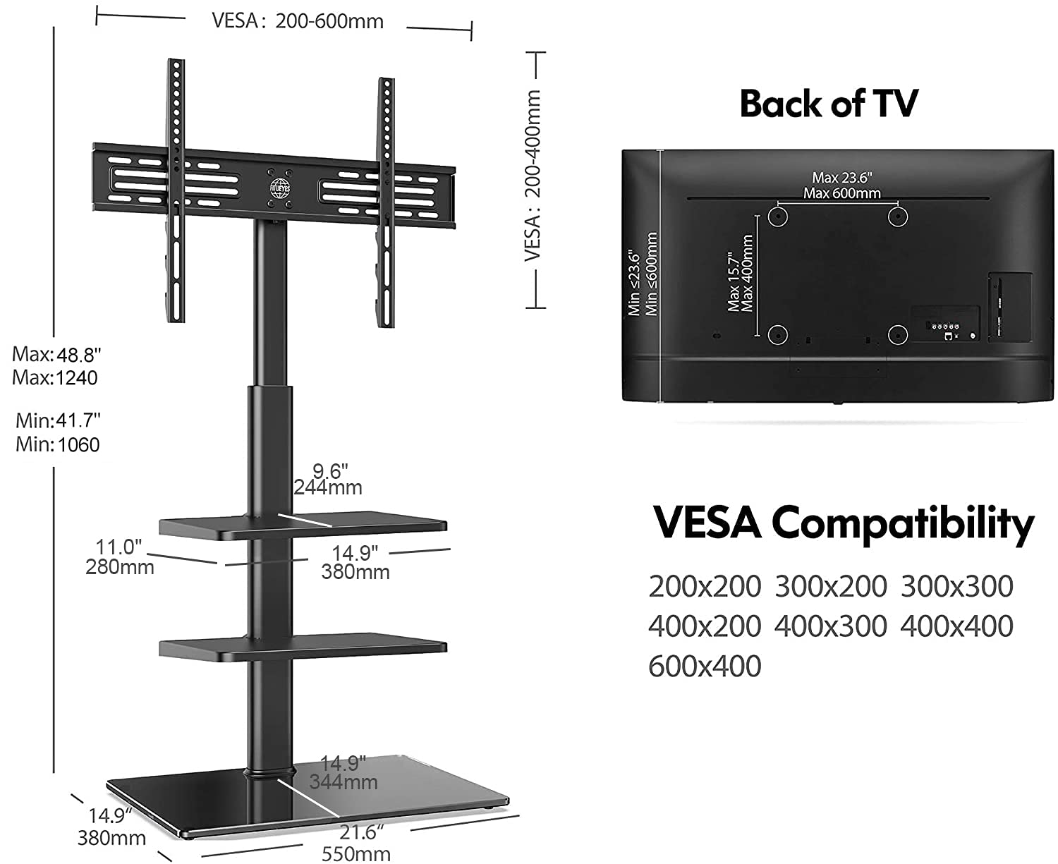 FITUEYE TV Floor Stand for 32 to 60 Inch Universal Cantilever TV Stand
