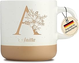 Personalisierte Gravur mit Namen - Tasse - mit Blumen - Geburtstag - Geschenk für Frauen - Anfangsbuchstaben - Wunschnamen - Beige