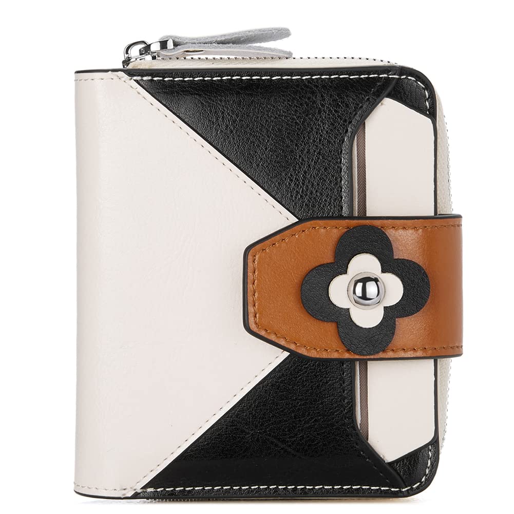 BOSTANTEN Leather Wallets for Women RFID Blocking Zipper Pocket Small Bifold Wallet Card Case Floral Beige
