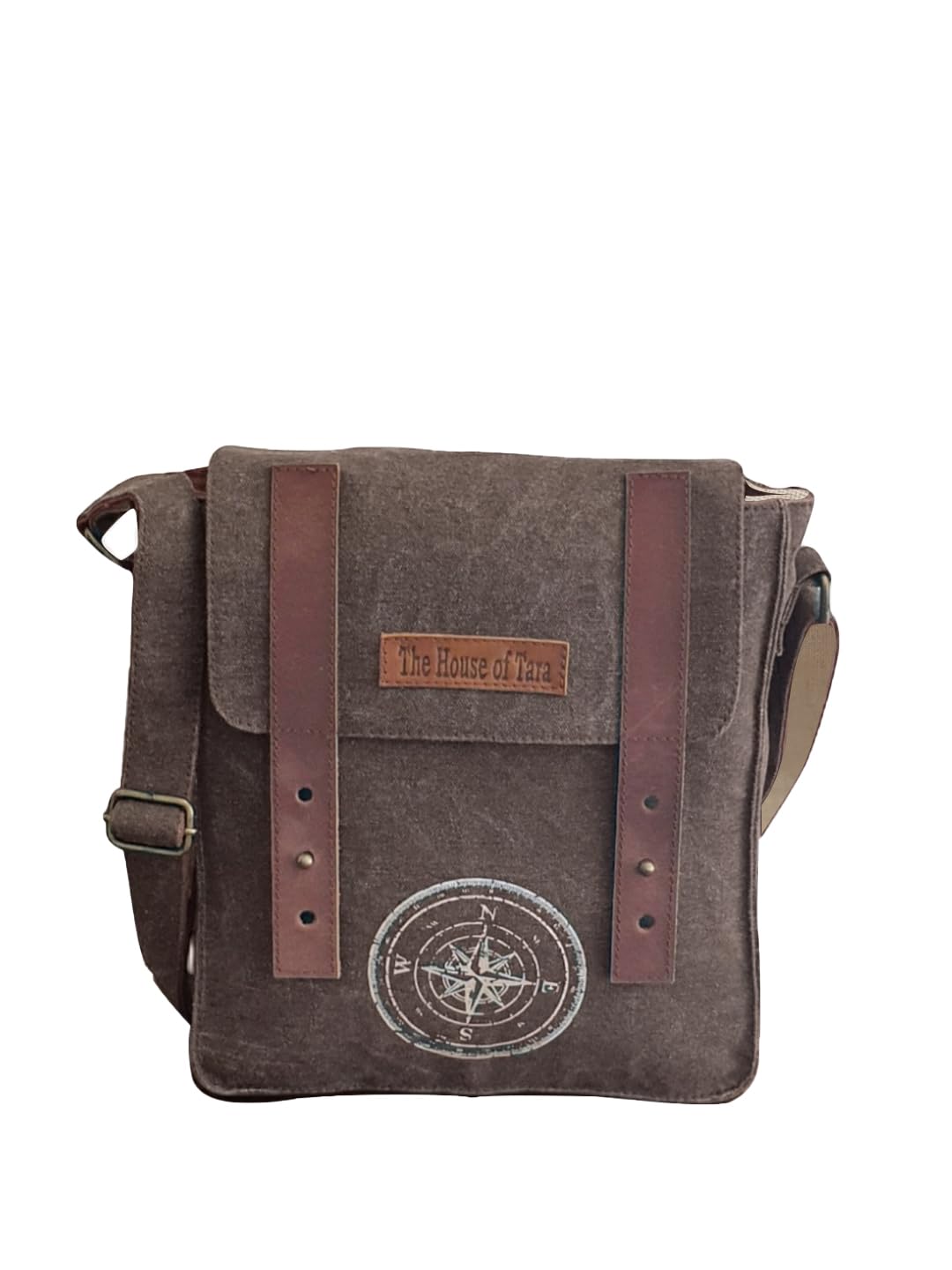 Canvas Side Sling Bag For Men & Women | Compact Messenger bag with Leather Strap on Flap Closure, Adjustable Shoulder Strap & Metal Buckle | Crossbody bag Suitable for Office (Brown)-image-4