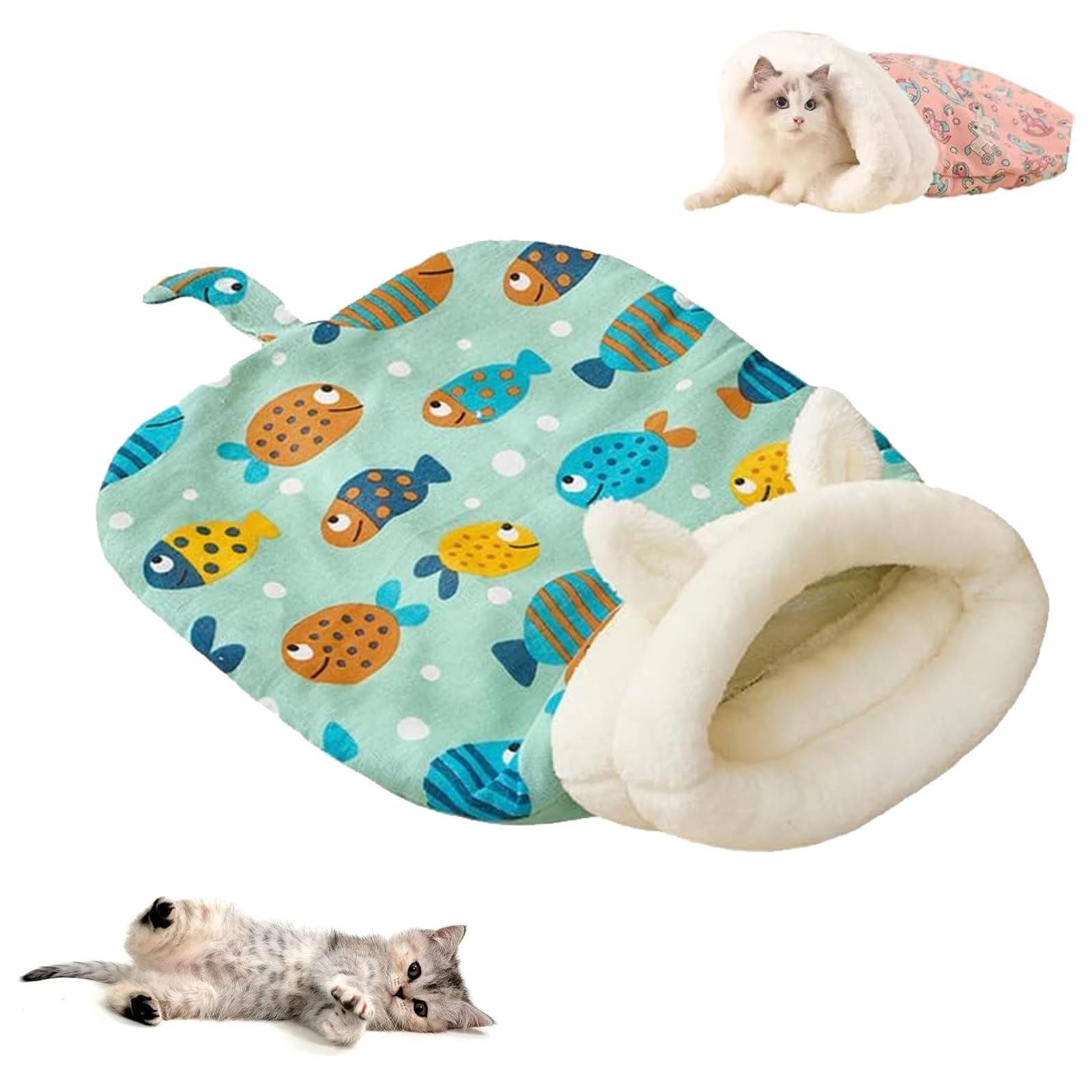 Cat Sleeping Bag for Indoor Pets, 360° Warm Semienclosed Soft Plush Large Sack Bed With Cave for Puppy and Kitten (Green)