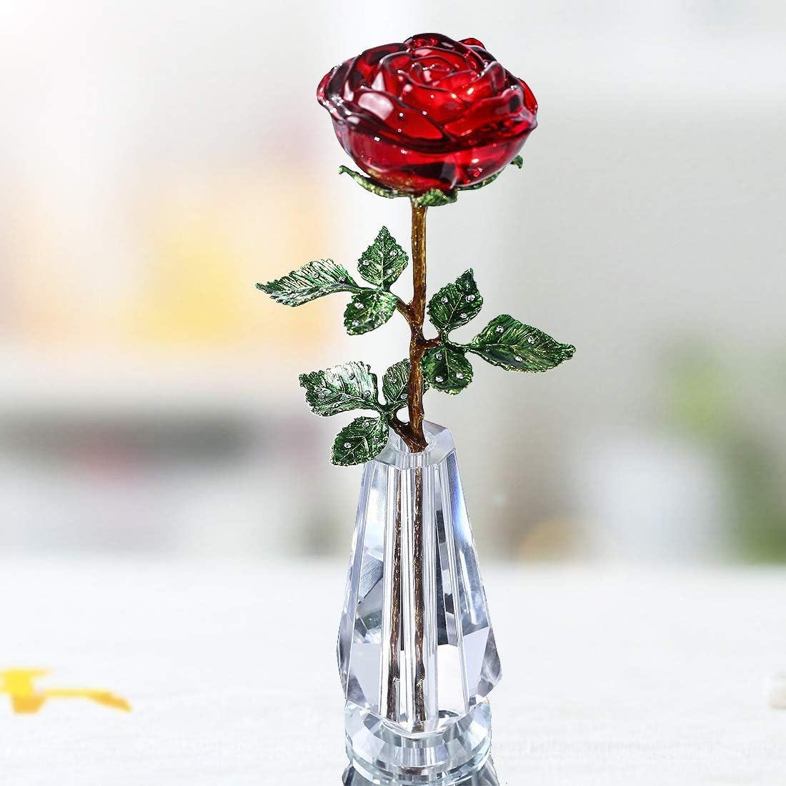 HDCRYSTALGIFTS 10'' Red Crystal Rose Figurine - Rose Flower Gifts for Women Crystal Glass Valentines Figurines Collectible Ornaments for Valentine’s Day Wedding Home Table Centerpiece