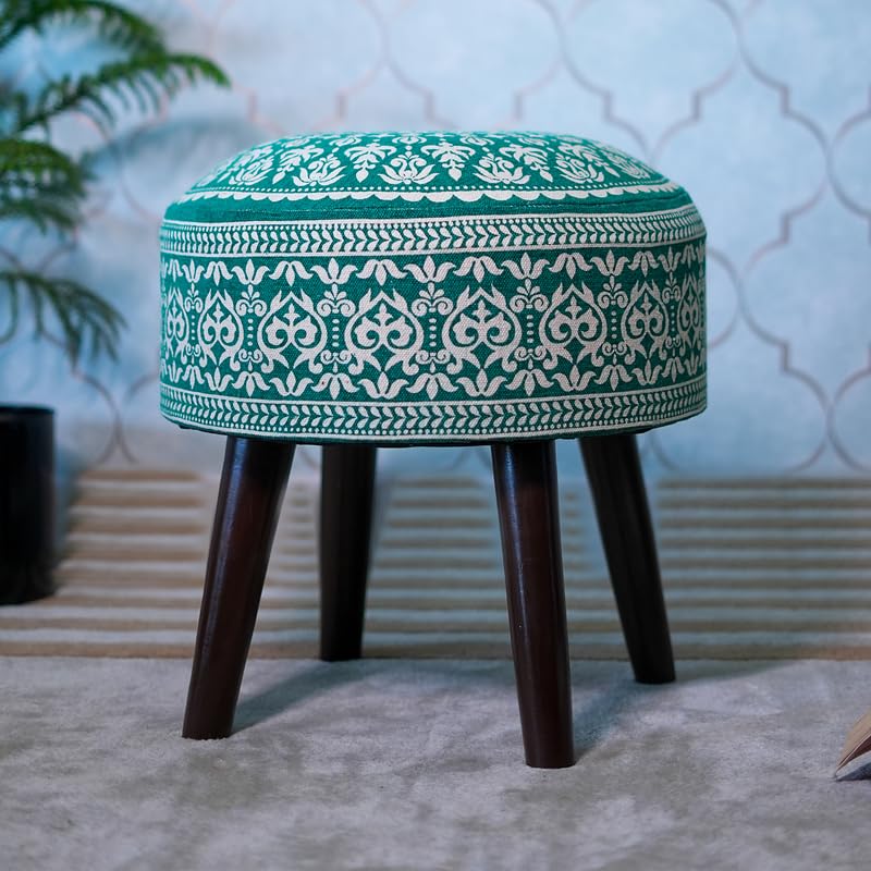 Image of Stool Ottoman Pouffes for Living Room, Kitchen, Home, Office Furniture with Soft Cotton Cushion Mudda Footrest Stool for Chair Sofa Bed Dressing Decor, Mandala Green (17 Inch Pack of 1)
