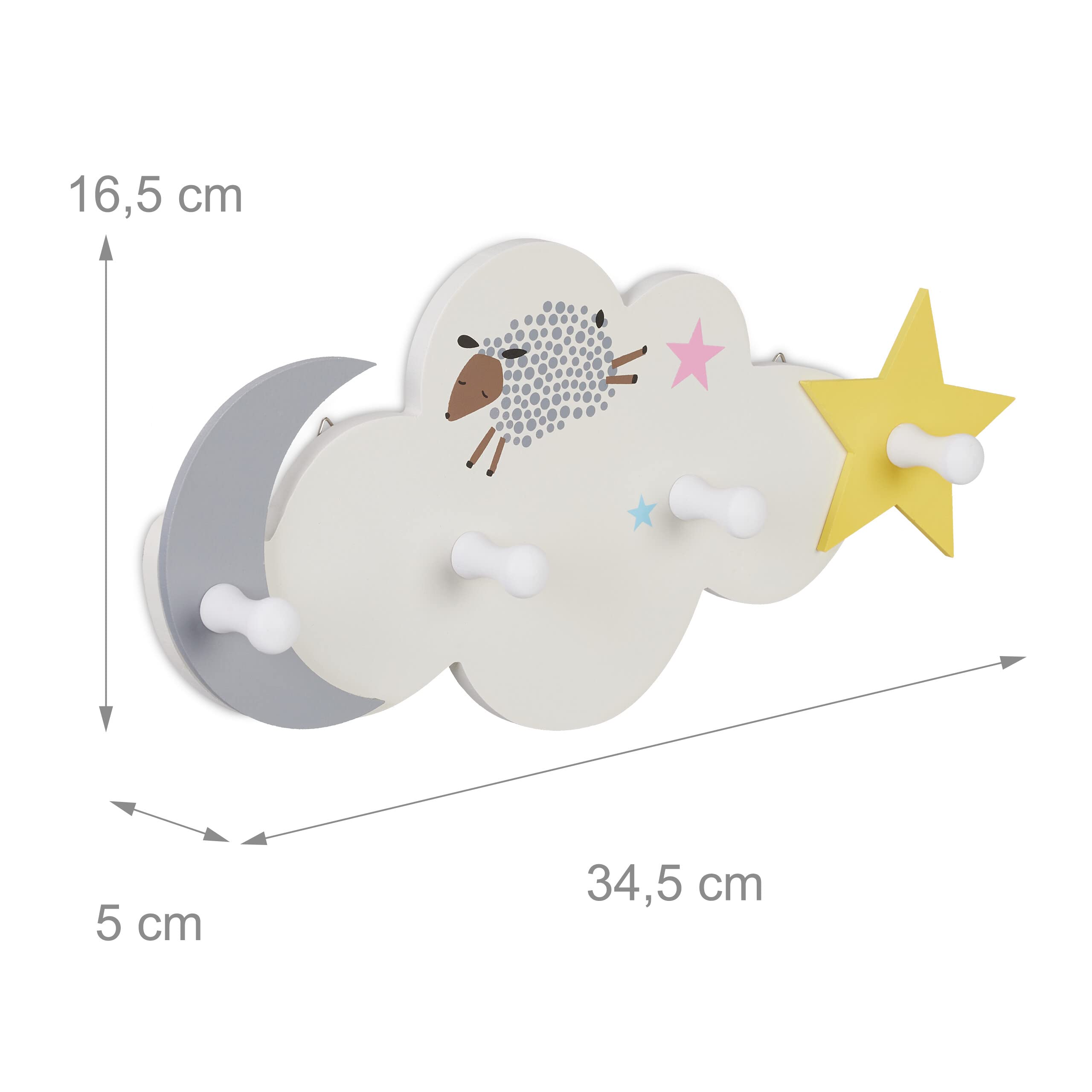 Relaxdays Perchero Infantil Nube, Colgador Pared, 16,5x34,5x5 cm, MDF, Ganchos Guardarropa Niños, Cielo Nocturno, Blanco