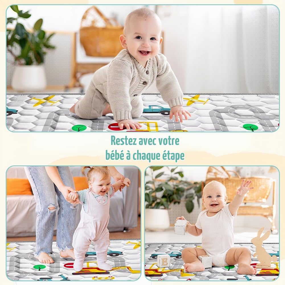 Aolso Tapis D'éveil Bébé, 150x200cm Tapis de Jeu pour Enfant Bebe, Tapis de Sol, Antidérapant Tapis Rampant Bébé, Tapis de Bébé Pliable, Coton Tapis Eveil Enfants(Voiture routière)