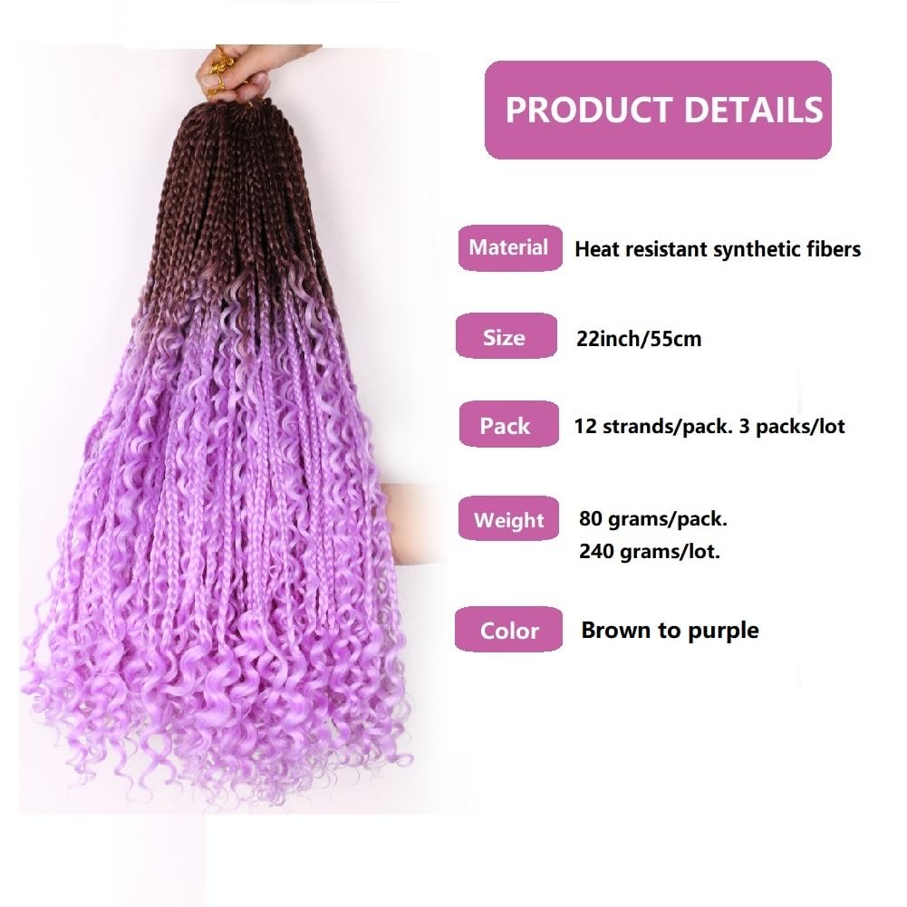 22 Inch Ombre Boho Box Braids Pre Looped Goddess Crochet Braids with Curly Ends 3 Packs Bohemian Braiding Hair Extensions for Women (Brown-Purple) - Image 2