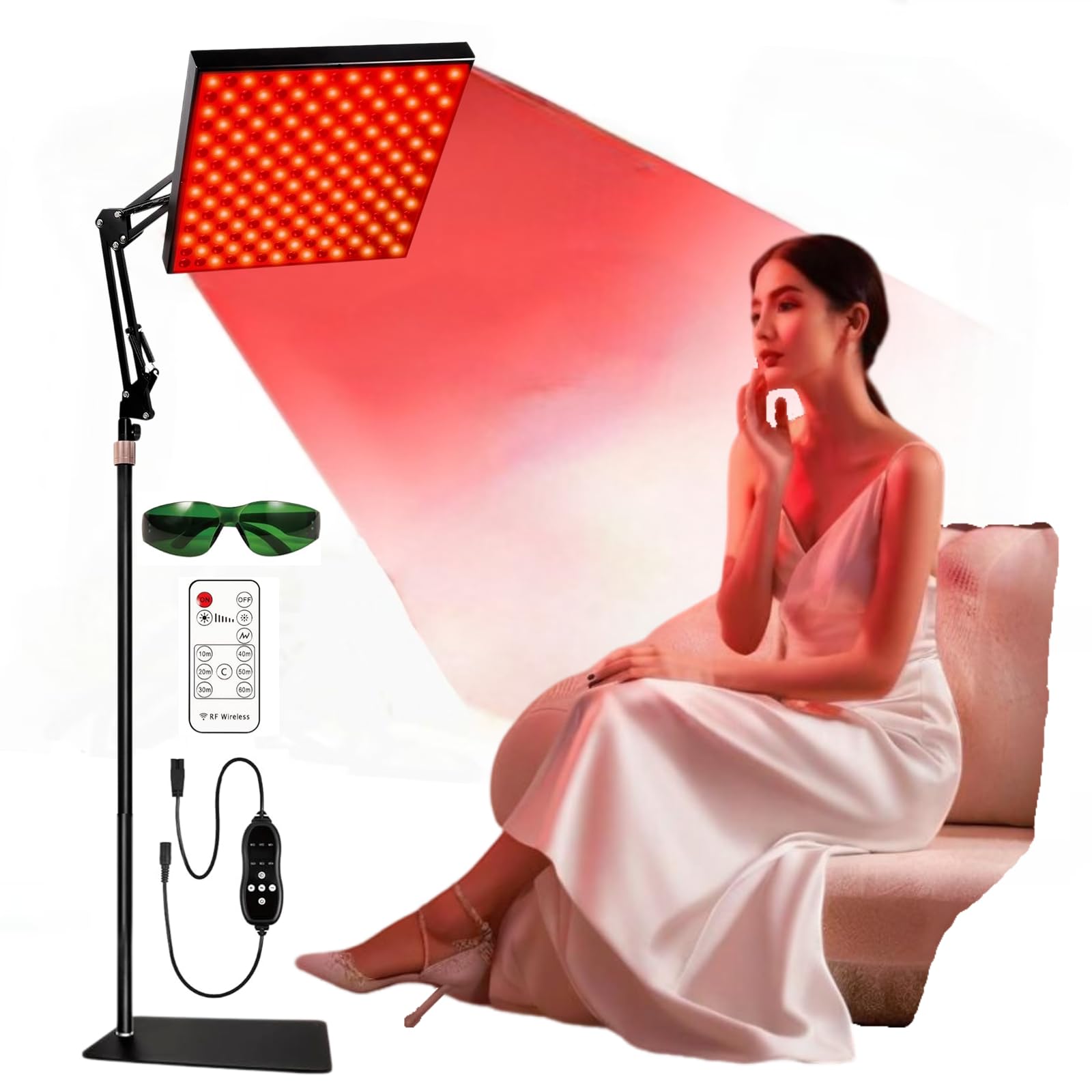 Lampa LED do terapii światłem czerwonym do ciała i twarzy – 660 nm i 850 nm urządzenie do terapii światłem bliskiej podczerwieni ze stojakiem, pilotem zdalnego sterowania, timer 10-60 minut, 5