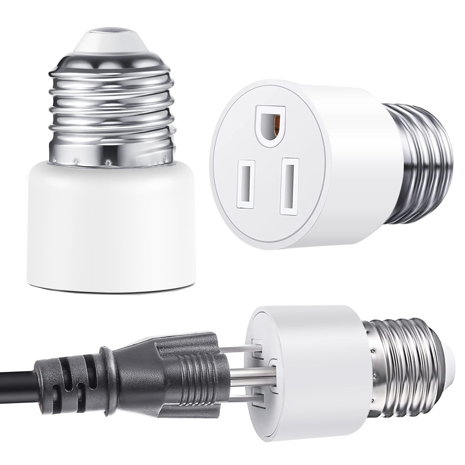 E26/E27 3 Prong Light Socket to Plug Adapter, Polarized Screw in Outlet for Light Socket Adapter Outlet 3 Prong Light Bulb Socket Adapter Fit for 2/3Prong Convert, for Porch Patio Garage, 2pcs