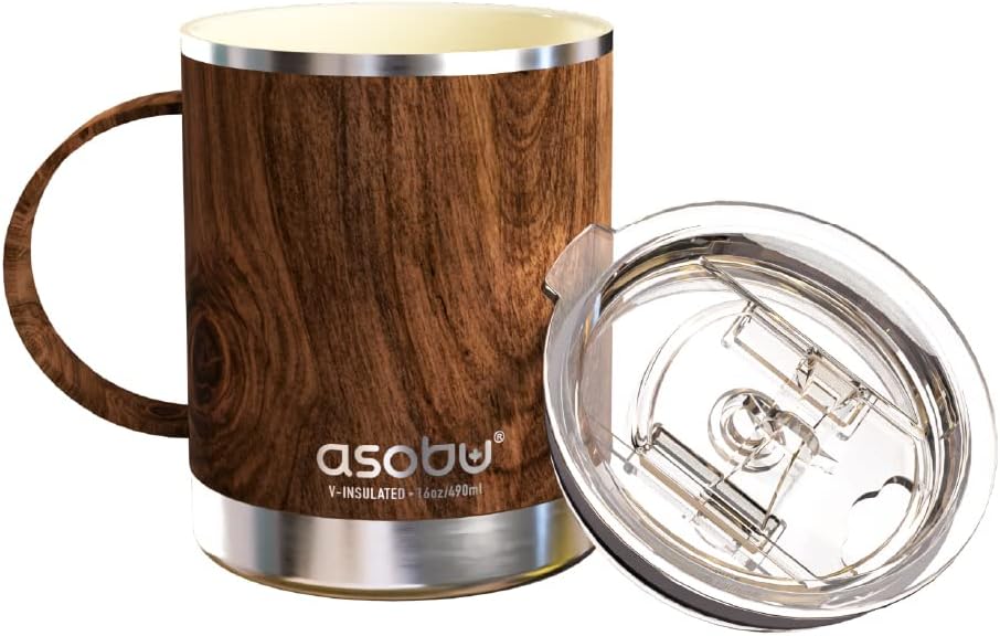 Ultimate Stainless Steel Ceramic Inner Coating Coffee Mug with Double Walled Copper Lining Insulation, 12 Ounces -(Wood)