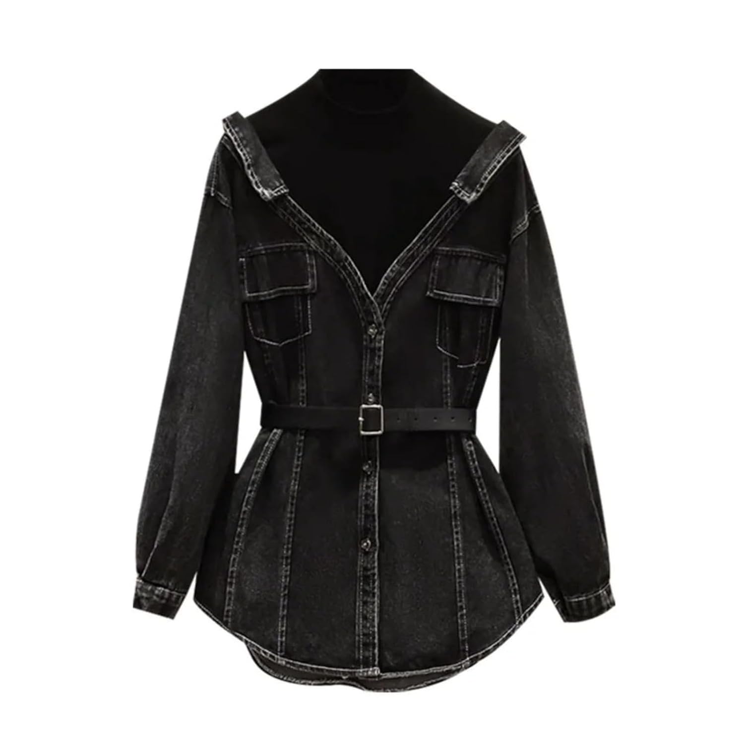 Dawery Womens Fake 2 Pcs Denim Coat Belt Lapel Patchwork Contrast Color Pockets Slim Jackets Autumn