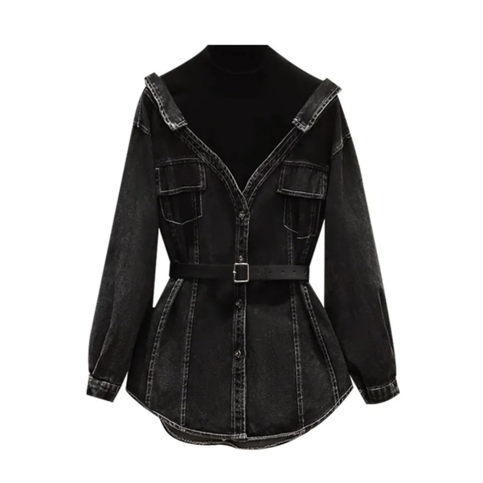 Dawery Womens Fake 2 Pcs Denim Coat Belt Lapel Patchwork Contrast Color Pockets Slim Jackets Autumn