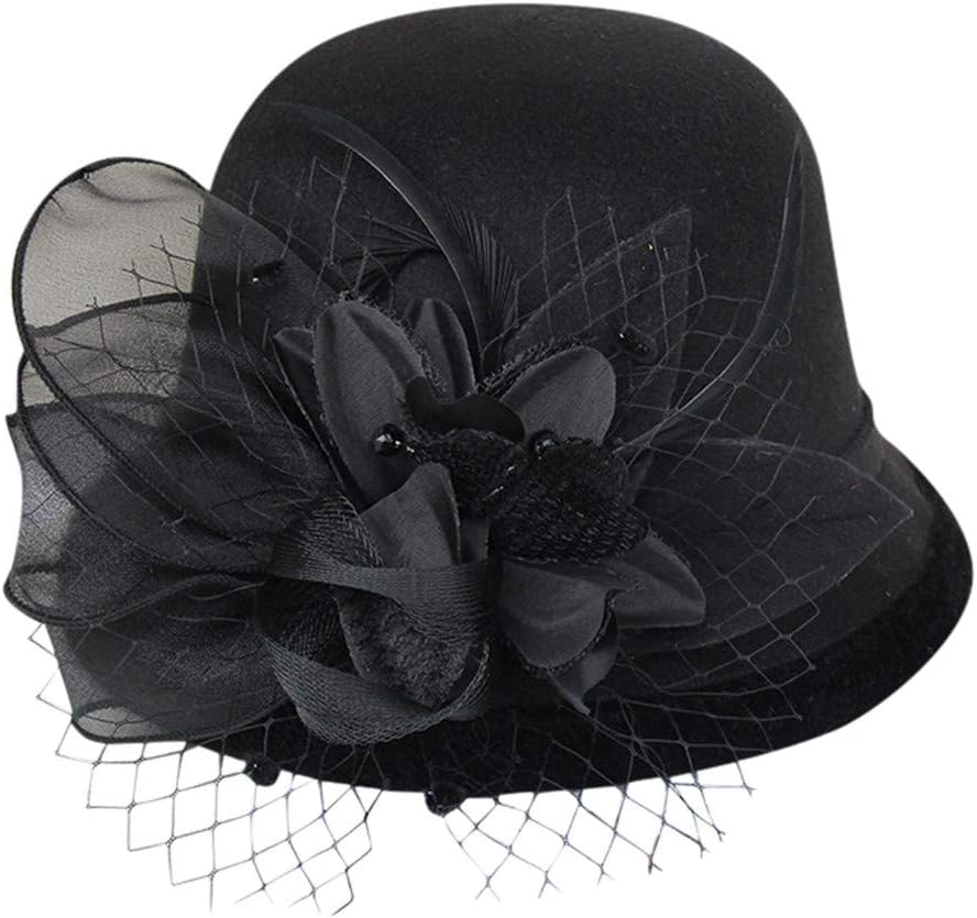 Bowler Hats for Women Flower Feather Wide Brim Fedora Bucket Hat Vintage Elegant Church Hats for Wedding Party Festival