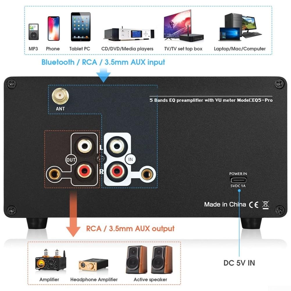 EQ5PRO Ecualizador de 5 bandas, preamplificador con entrada 5.0, doble VU, control de equilibrio de modo de derivación de medidor, chapado en oro para RCA AUX para sistema de audio estéreo de alta