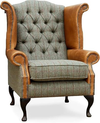 Image of Queen Anne High Back Armchair with Deep Button Tufting, Studded Scroll Arms & Solid Wooden Legs – Made in UK - Handmade Leather & Harris Tweed - Fireside Chair (Tan Leather and Green Tweed)