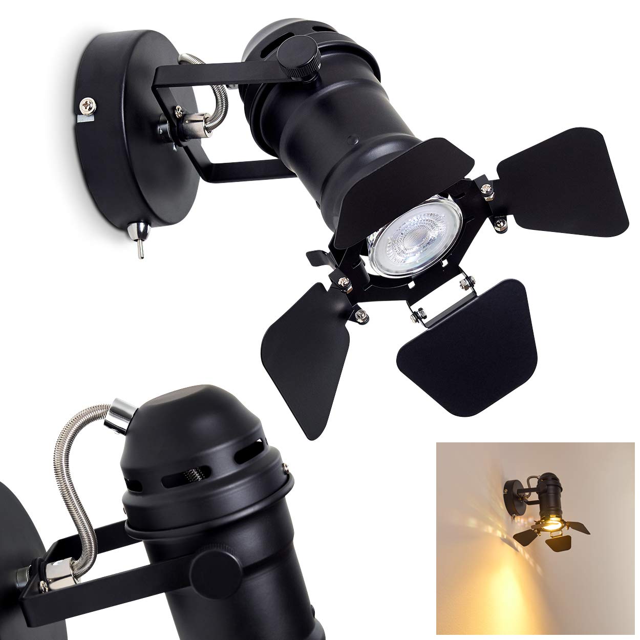 HOFSTEIN Applique Lichinga en métal noir, lampe style projecteur vintage avec clapets modulables, créant un effet lumineux au mur, pour 1 ampoule GU10, ampoule(s) non incluse(s)
