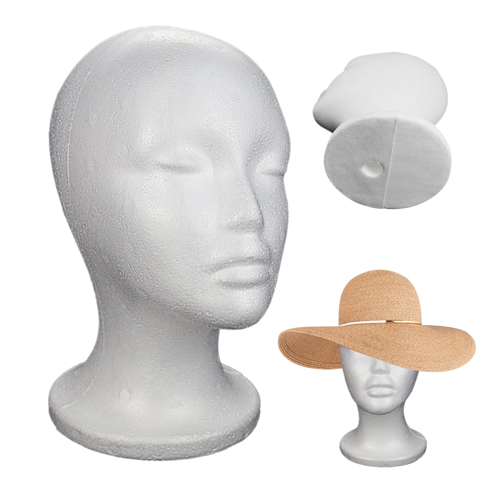 Lot de 2 Tête de mannequin en mousse pour femme, 52x27x15,5cm modèle de tête de mannequin, stand d'affichage de perruque et chapeau, Multifonction Pour lunettes de soleil, perruques, chapeaux