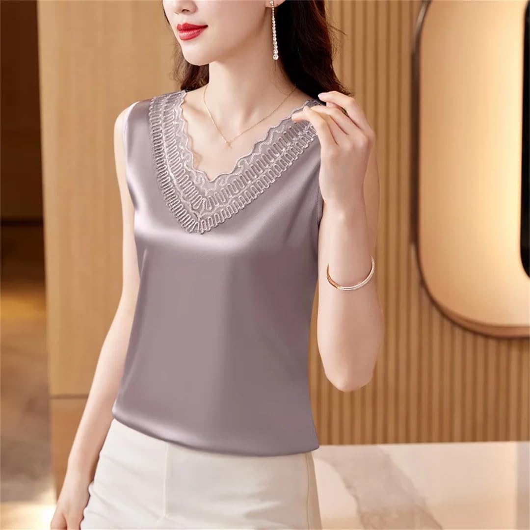 Camicia da donna in seta con ricamo in pizzo estivo senza maniche Top allent