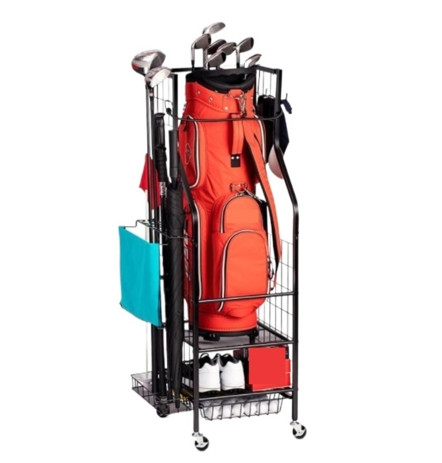 Jxyq Black Golf Bag Rack Organizer Holds 2 Golf Bags And Clubs Golf Equipment Storage Stand For Garage Golf Accessories Holder And Club Stand