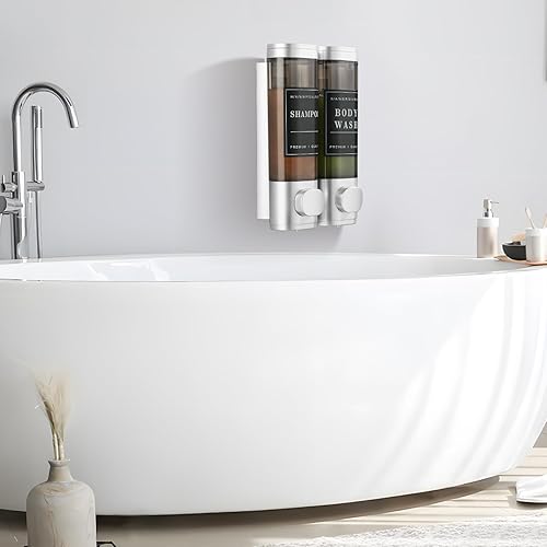 Miniatura 6 de Unisence - Dispensador de ducha de 2 cámaras, sin taladro, dispensador de champú y acondicionador para pared de ducha, gran capacidad, color plateado