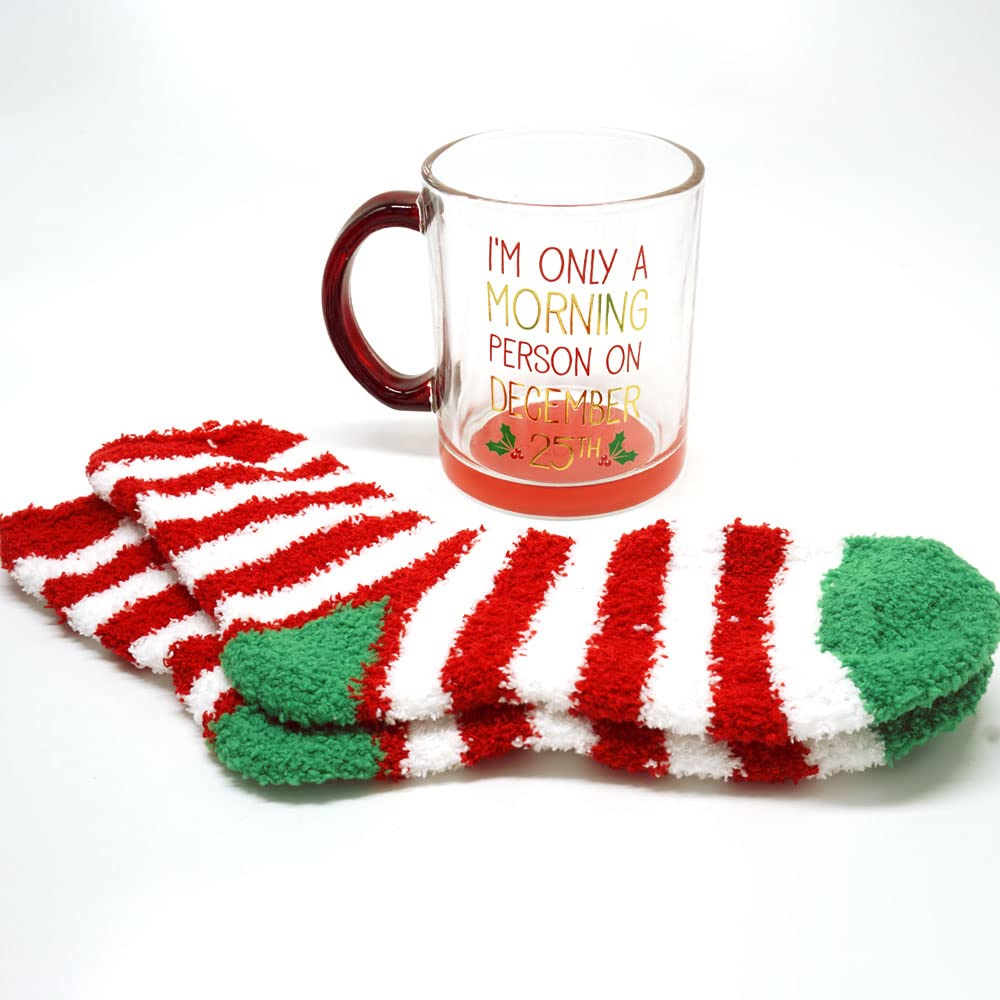 holiday christmas gift set - glass mug and microfiber fuzzy socks set - 15 oz - great gift for anyone! (i'm only a morning person on december 25th)