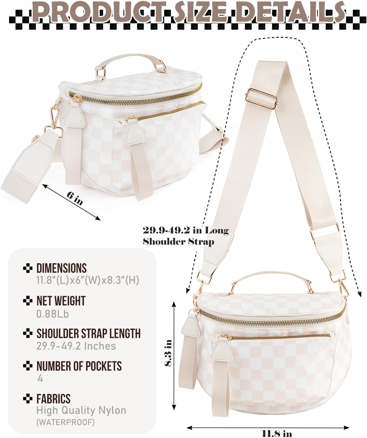 Checkered Crossbody Bag Bum Bag For Women,Spacious Checkered Purse Fanny Packs,Upgraded Version With Carry Handle - Image 3