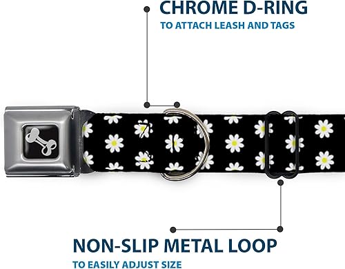 Miniatura 5 de Collar para perro con hebilla para cinturón de seguridad, diseño de margaritas, color negro, blanco, amarillo, de 9 a 15 pulgadas, 1 pulgada de ancho