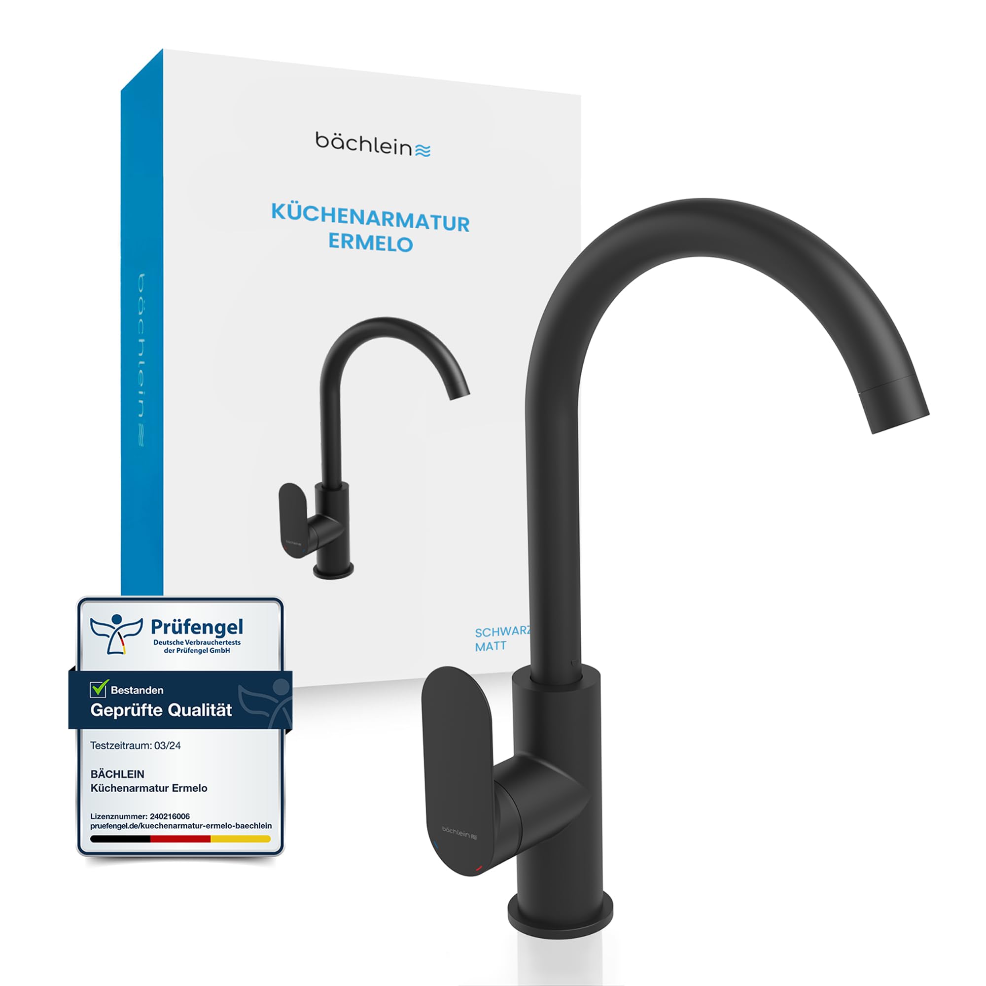 Bächlein Universal Küchenarmatur Ermelo in Matt Schwarz – Spültischarmatur mit 360° schwenkbarem Auslauf, moderner Wasserhahn für die Küche