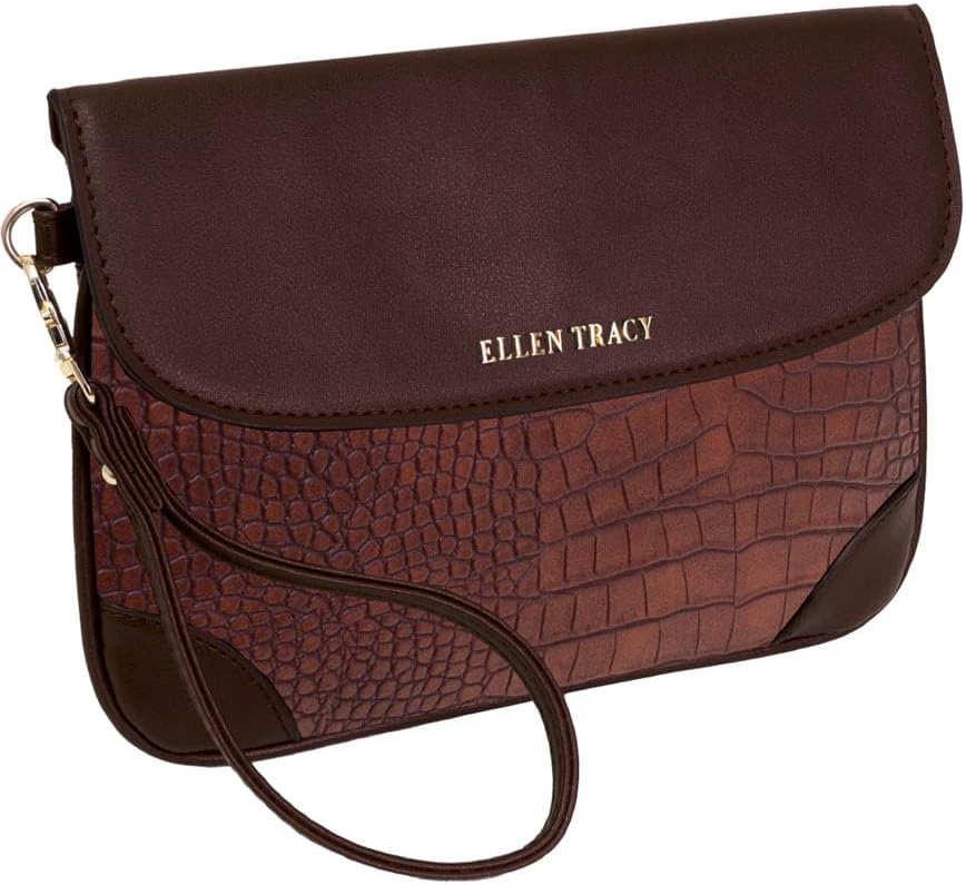 ELLEN TRACY Basket Weave Top Zip Compartment Bi-Fold Clutch Card Holder Wallet (Chocolate Brown)