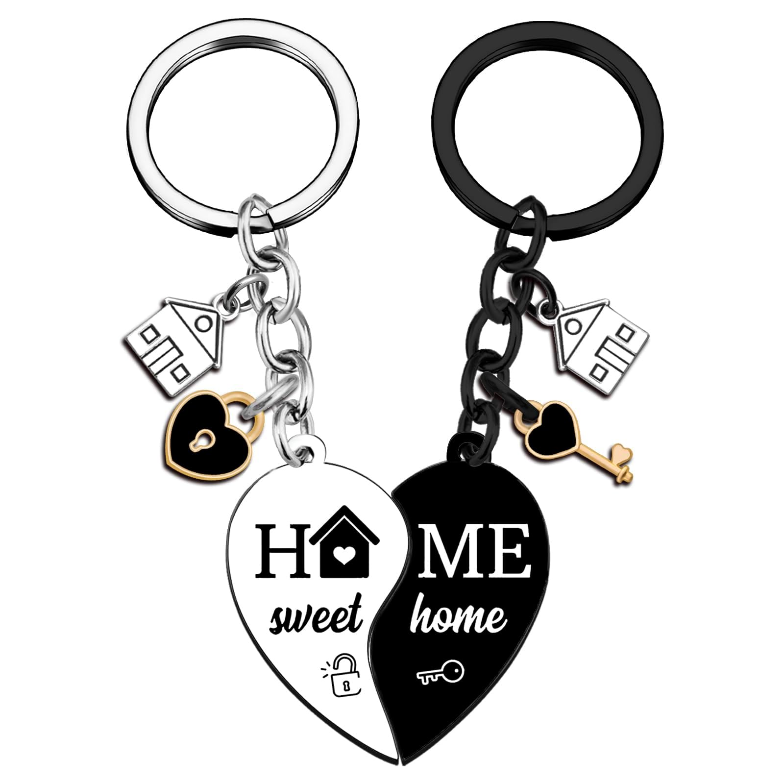 Yunlijia Unisex Black, Silver 2Pcs New Home Gifts Housewarming Gifts Keyring Ideas Unique Homeowners Gift For Women Two Tone Heart Pendants With House, Key And Lock Charms Housewarming For New Home Keyring, Handbag Accessory