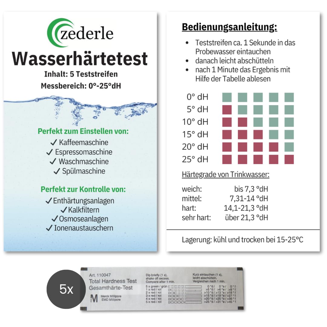 zederle 5 Stück Wasserhärte Teststreifen Testkit einzeln verpackt, versiegelt, Deutscher Härtebereich in dH°, Wasserhärte Test, Kalk Test, Gesamthärtetest - für Trinkwasser, Pool, Teich, Aquarium