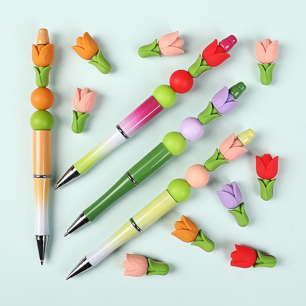 58Pcs Tulip Flower Silicone Beads Set 15mm Round Silicone Bead Bulk 3D Tulip Characters Focal Beads Charms Flower Rubber DIY Crafts Loose Spacer Bead for Pens Keychain Bracelet Necklace Lanyard Making - Image 2