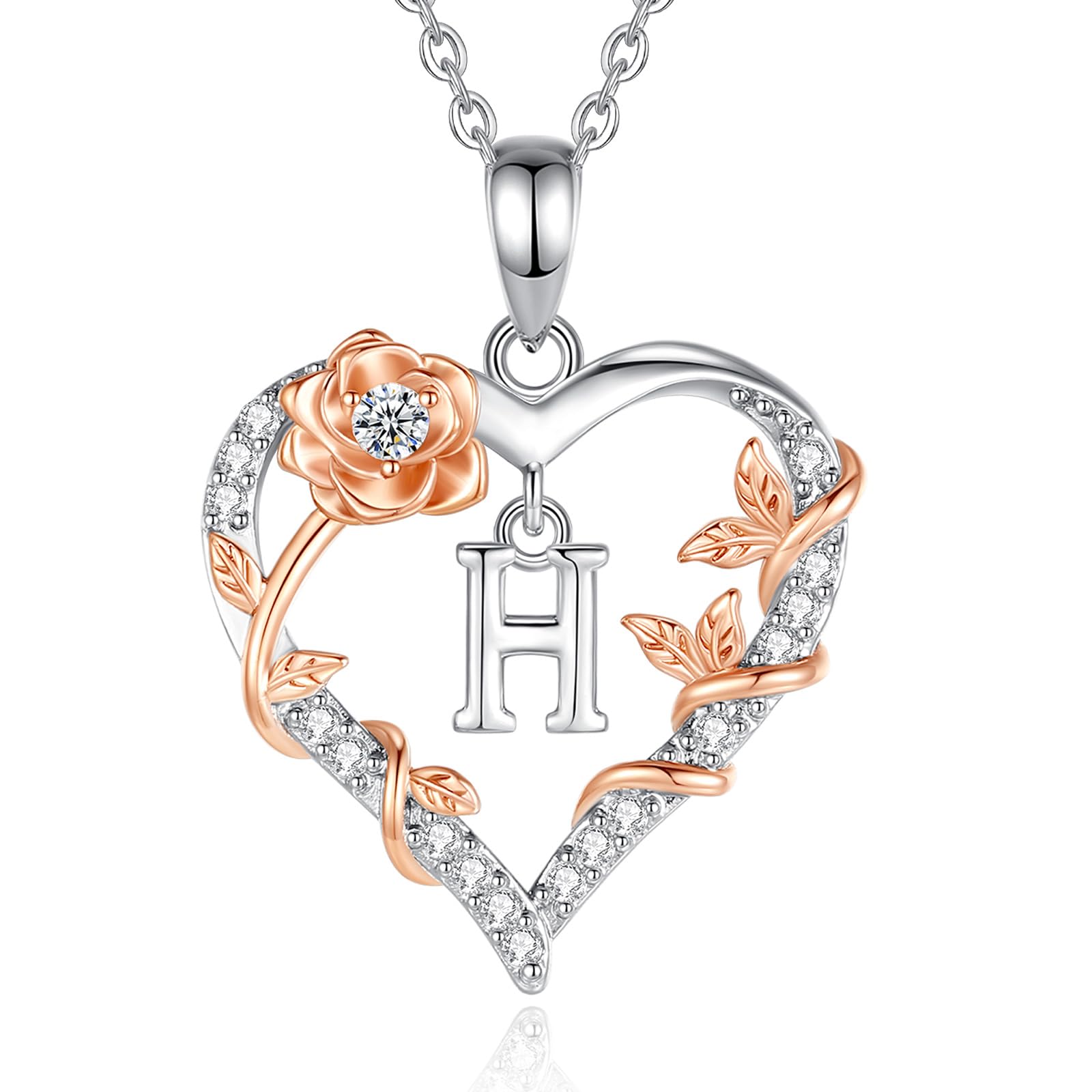 EUDORA Harmony Ball Collana con iniziali a Cuore Rosa per Donne, Lettera dalla A alla Z Collane con Iniziali dell'Alfabeto in Rame Placcato in Rodio Iniziali con Ciondolo Regali di Gioielli, 18"