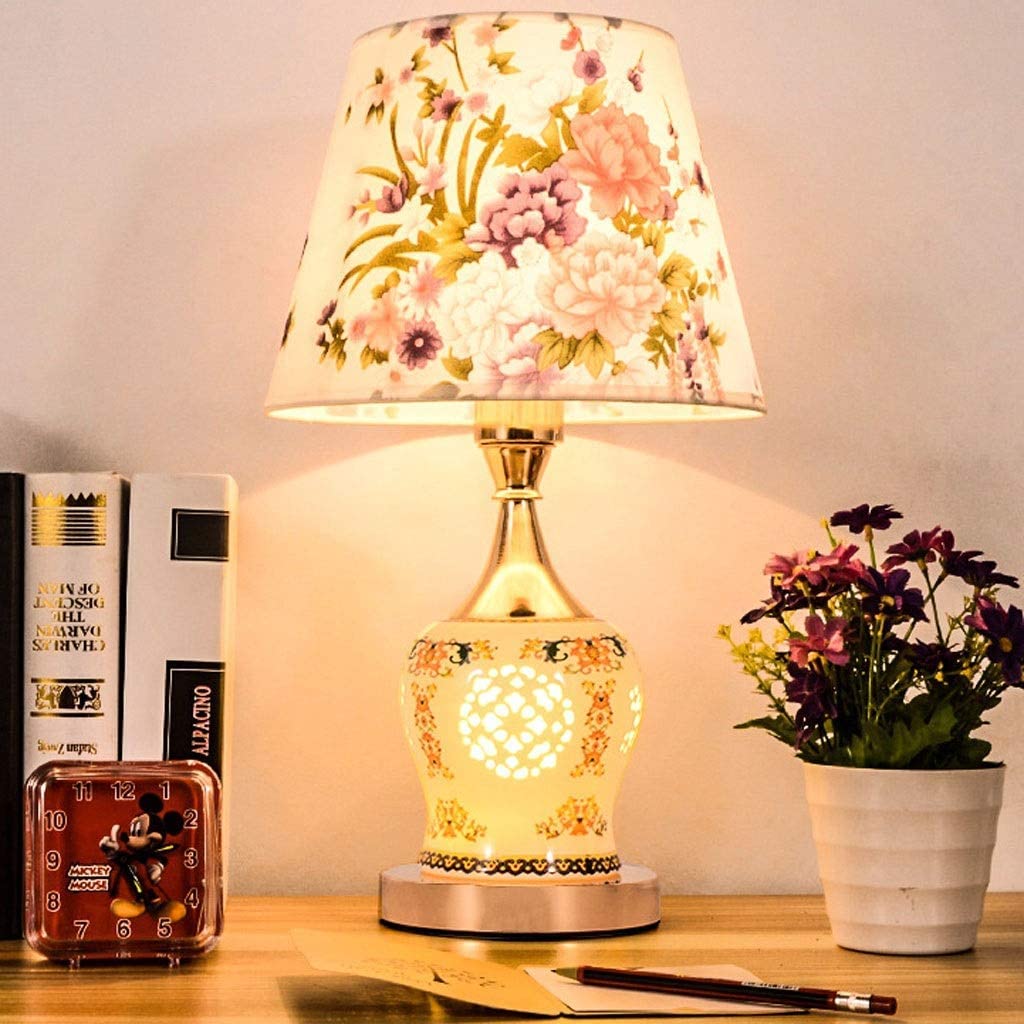 Lampa Biurkowa Nocna Lampa Stołowa Drukowanie Tkanin Abażur Lampka Do Sypialni Kreatywna Ceramiczna Szafka Nocna Lampa Biurkowa Do Sypialni Salon Lampy Stołowe Do Domu(Remote control switch)